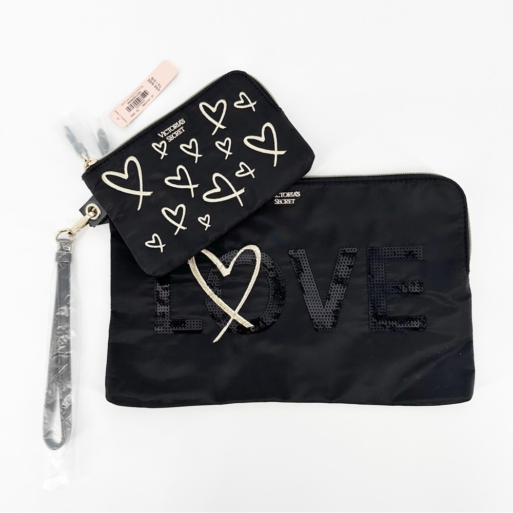 NWT  Victoria's Secret Bling Sequin LOVE Clutch Zip Pouch Wristlet Set